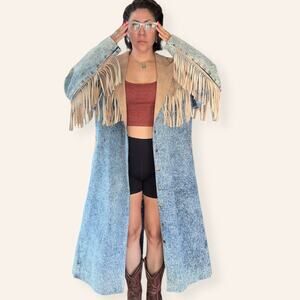 VTG Diamond Denim & Leather Fringe Trench Coat XL | Western Acid Wash USA Made